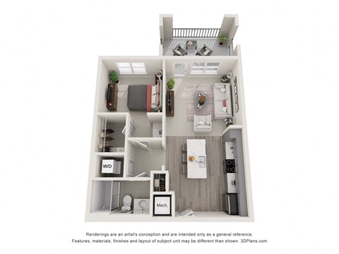 1 Bed 1 Bath Gregson Floor Plan | 737 Sq. Ft. at Ellis Station, Durham, NC, 27703